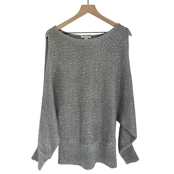 Boston Proper Mohair Open Sleeve Silver Sequin Sweater Grey Women’s Size Large - Picture 1 of 11